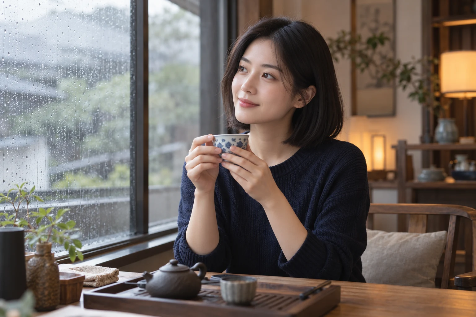 雨天窗边品茶场景示意